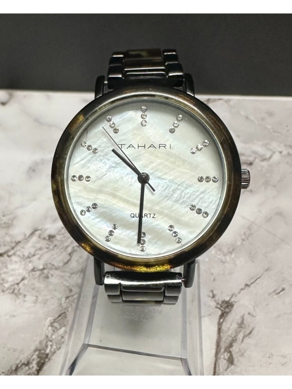 Tahari Watch Women Mother of Pearl Dial Black Metal Band Tortoise Shell Accent